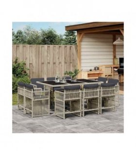 vidaXL 11 Piece Garden Dining Set with Cushions Light Grey Poly Rattan — V0672218993