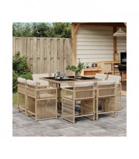 vidaXL 9 Piece Garden Dining Set with Cushions Beige Poly Rattan — V0672218995