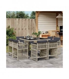 vidaXL 9 Piece Garden Dining Set with Cushions Light Grey Poly Rattan — V0672218997