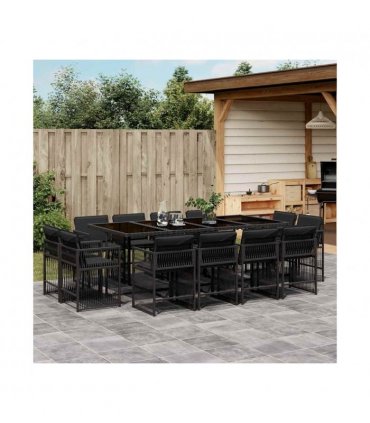 vidaXL 13 Piece Garden Dining Set with Cushions Black Poly Rattan — V0672219000