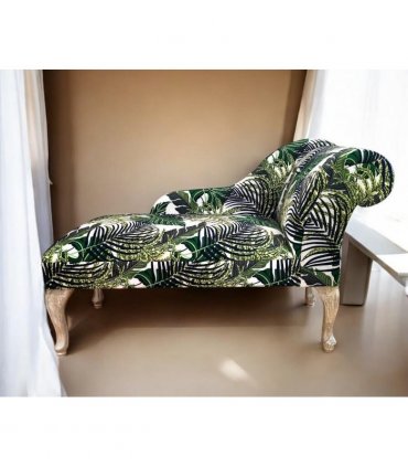 AcaciaHome Comfort and Elegant Art Deco Upholstered Chaise Velvet Fabric Longue Sofa with Spring Seat - Modern Design Classic Elegance for Living Rooms, Bedrooms, and Offices (Palm Leaf Chaise)