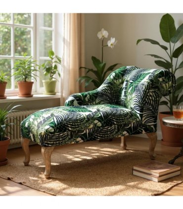 AcaciaHome Comfort and Elegant Art Deco Upholstered Chaise Velvet Fabric Longue Sofa with Spring Seat - Modern Design Classic Elegance for Living Rooms, Bedrooms, and Offices (Palm Leaf Chaise)