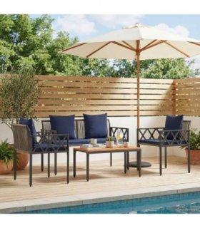 vidaXL Outdoor Furniture Set 4 pcs Grey and Navy Blue Poly Rattan — Model: 1x bench + 2x chair + table