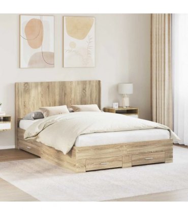 vidaXL Bed Frame with Storage and Headboard Sonoma Oak Engineered Wood — Size: 135 x 190 cm