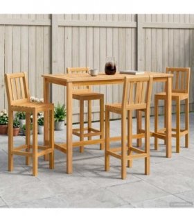 vidaXL Outdoor Bar Set 5 pcs Natural Solid Teak Wood — Model: 4-Seater with backrest