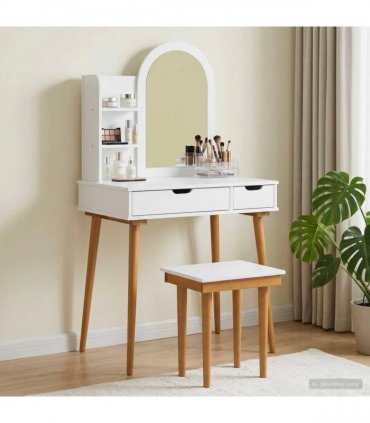 vidaXL Dressing Table Set FAUSKE 4 pcs White 76 x 50 x 143 — Model: 1x table + 1x hutch (2 shelves) + 1x curved frame mirror + 1