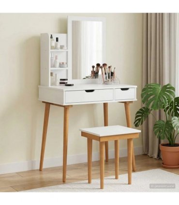 vidaXL Dressing Table Set FAUSKE 4 pcs White 76 x 50 x 143 — Model: 1x table + 1x hutch (2 shelves) + 1x rectangular frame mirro