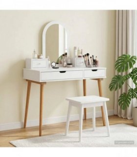 vidaXL Dressing Table Set FAUSKE 4 pcs White 100 x 50 x 143 cm — Model: 1x table + 2x hutch + 1x curved frame mirror
