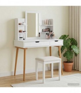vidaXL Dressing Table Set FAUSKE 4 pcs White 100 x 50 x 14 — Model: 1x table + 2x hutch (2 shelves) + 1x rectangular frame mirro