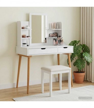 vidaXL Dressing Table Set FAUSKE 4 pcs White 100 x 50 x 14 — Model: 1x table + 2x hutch (2 shelves) + 1x rectangular frame mirro