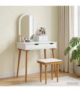 vidaXL Dressing Table Set FAUSKE 4 pcs White 76 x 50 x 143 cm — Model: 1x table + 1x hutch + 1x curved frame mirror + 1x stool