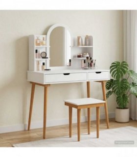 vidaXL Dressing Table Set FAUSKE 5 pcs White 100 x 50 x 14 — Model: 1x table + 2x hutch (2 shelves) + 1x curved frame mirror + 1