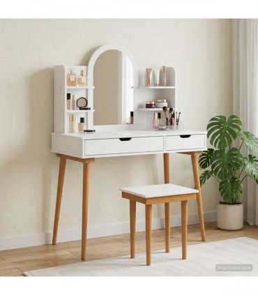 vidaXL Dressing Table Set FAUSKE 5 pcs White 100 x 50 x 14 — Model: 1x table + 2x hutch (2 shelves) + 1x curved frame mirror + 1