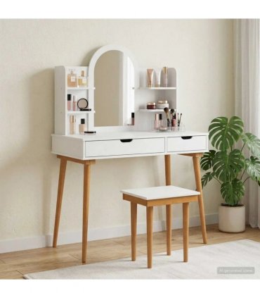 vidaXL Dressing Table Set FAUSKE 5 pcs White 100 x 50 x 14 — Model: 1x table + 2x hutch (2 shelves) + 1x curved frame mirror + 1