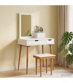 vidaXL Dressing Table Set FAUSKE 4 pcs White 76 x 50 x 143 — Model: 1x table + 1x hutch + 1x rectangular frame mirror + 1x stool