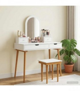 vidaXL Dressing Table Set FAUSKE 5 pcs White 100 x 50 x 143 cm — Model: 1x table + 2x hutch + 1x curved frame mirror + 1x stool