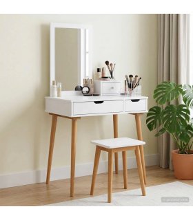 vidaXL Dressing Table Set FAUSKE 3 pcs White 76 x 50 x 143 cm — Model: 1x table + 1x hutch + 1x rectangular frame mirror
