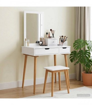 vidaXL Dressing Table Set FAUSKE 3 pcs White 76 x 50 x 143 cm — Model: 1x table + 1x hutch + 1x rectangular frame mirror