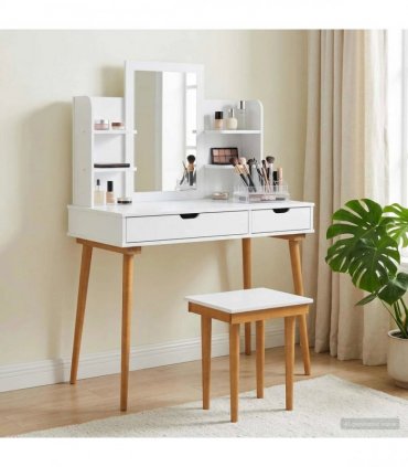 vidaXL Dressing Table Set FAUSKE 5 pcs White 100 x 50 x 14 — Model: 1x table + 2x hutch (2 shelves) + 1x rectangular frame mirro