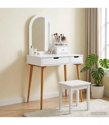 vidaXL Dressing Table Set FAUSKE 3 pcs White 76 x 50 x 143 cm — Model: 1x table + 1x hutch + 1x curved frame mirror