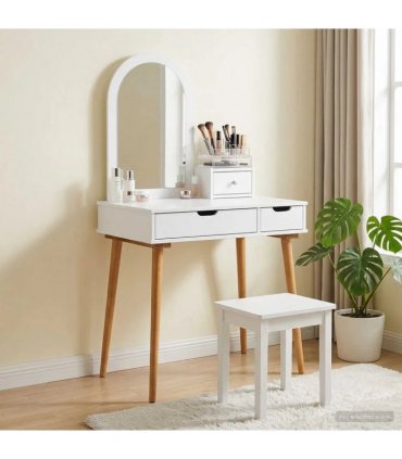 vidaXL Dressing Table Set FAUSKE 3 pcs White 76 x 50 x 143 cm — Model: 1x table + 1x hutch + 1x curved frame mirror