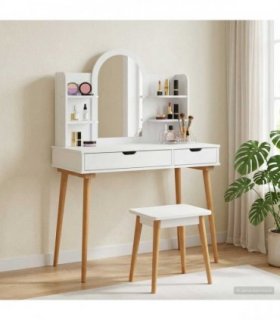 vidaXL Dressing Table Set FAUSKE 4 pcs White 100 x 50 x 143 cm — Model: 1x table + 2x hutch (2 shelves) + 1x curved frame mirror