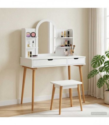 vidaXL Dressing Table Set FAUSKE 4 pcs White 100 x 50 x 143 cm — Model: 1x table + 2x hutch (2 shelves) + 1x curved frame mirror