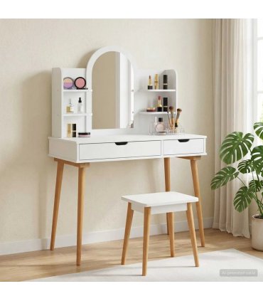 vidaXL Dressing Table Set FAUSKE 4 pcs White 100 x 50 x 143 cm — Model: 1x table + 2x hutch (2 shelves) + 1x curved frame mirror