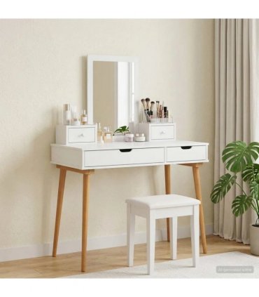vidaXL Dressing Table Set FAUSKE 4 pcs White 100 x 50 x 143 cm — Model: 1x table + 2x hutch + 1x rectangular frame mirror