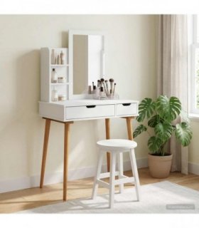 vidaXL Dressing Table Set FAUSKE 3 pcs White 76 x 50 x 143 — Model: 1x table + 1x hutch (2 shelves) + 1x rectangular frame mirro