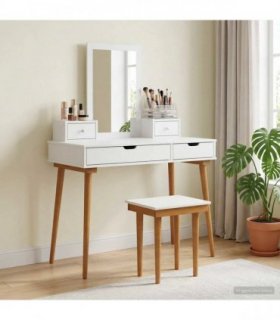 vidaXL Dressing Table Set FAUSKE 5 pcs White 100 x 50 x 14 — Model: 1x table + 2x hutch + 1x rectangular frame mirror + 1x stool