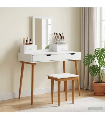 vidaXL Dressing Table Set FAUSKE 5 pcs White 100 x 50 x 14 — Model: 1x table + 2x hutch + 1x rectangular frame mirror + 1x stool