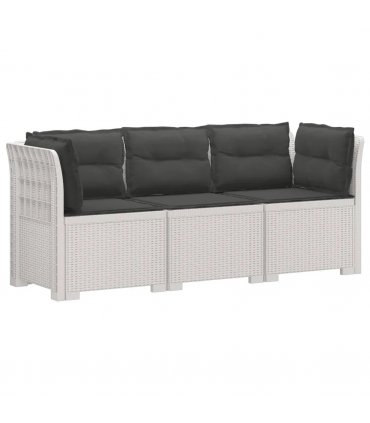 vidaXL 3-Seater Garden Sofa with Cushions Rattan Look PP White — Colour: White and anthracite, Model: with seat and back cushion