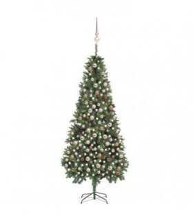 vidaXL Artificial Pre-lit Christmas Tree with Ball Set&Pine Cones 210 cm — Colour: green and rose, Size: 210 x 119 cm