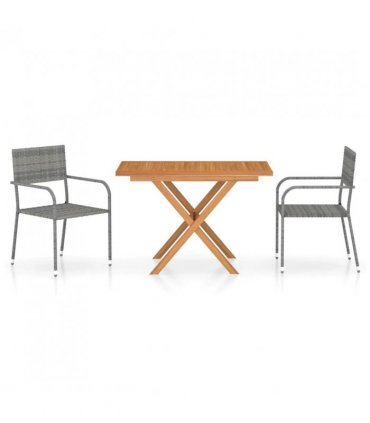 vidaXL 3 Piece Garden Dining Set Poly Rattan & Solid Acacia Wood Grey