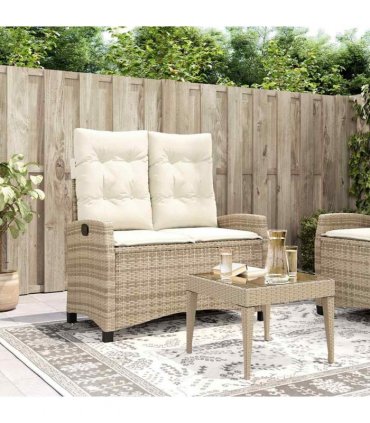 vidaXL Reclining Garden Bench with Cushions Beige Poly Rattan — Colour: Beige and cream