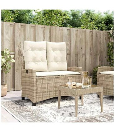 vidaXL Reclining Garden Bench with Cushions Beige Poly Rattan — Colour: Beige and cream