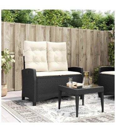 vidaXL Reclining Garden Bench with Cushions Black Poly Rattan — Colour: Black and cream