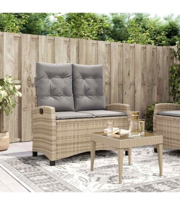 vidaXL Reclining Garden Bench with Cushions Beige Poly Rattan — Colour: Beige and grey