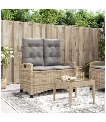 vidaXL Reclining Garden Bench with Cushions Beige Poly Rattan — Colour: Beige and grey