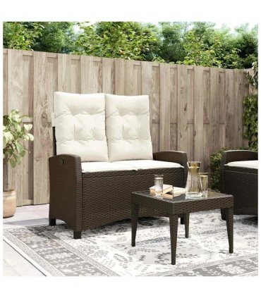 vidaXL Reclining Garden Bench with Cushions Brown Poly Rattan — Colour: Brown and cream