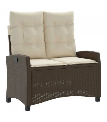 vidaXL Reclining Garden Bench with Cushions Brown Poly Rattan — Colour: Brown and cream