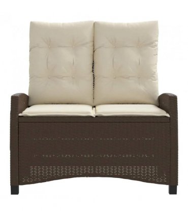 vidaXL Reclining Garden Bench with Cushions Brown Poly Rattan — Colour: Brown and cream