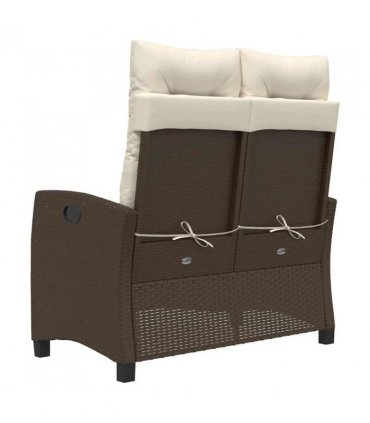 vidaXL Reclining Garden Bench with Cushions Brown Poly Rattan — Colour: Brown and cream
