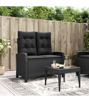 vidaXL Reclining Garden Bench with Cushions Black Poly Rattan