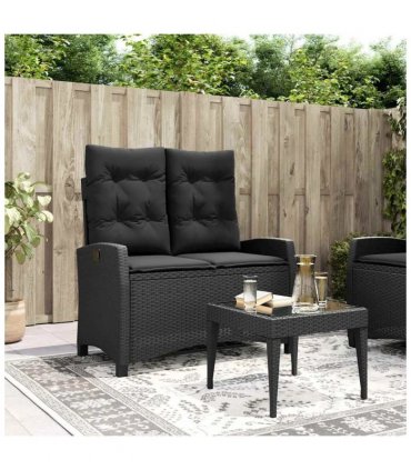 vidaXL Reclining Garden Bench with Cushions Black Poly Rattan