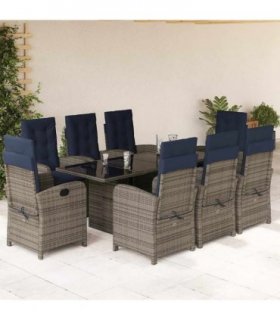 vidaXL 9 Piece Garden Dining Set with Cushions Grey Poly Rattan — Model: With footrest
