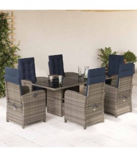 vidaXL 7 Piece Garden Dining Set with Cushions Grey Poly Rattan — Model: Without footrest