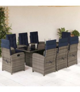 vidaXL 9 Piece Garden Dining Set with Cushions Grey Poly Rattan — Model: Without footrest