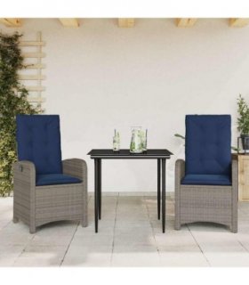 vidaXL 3 Piece Garden Dining Set with Cushions Grey Poly Rattan — Size: 80 cm table length, Model: without footrest